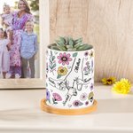 Personalized Big Hand Holding Small Hands Floral Ceramic Planter Pot with Drainage and Bamboo Base Birthday Mother's Day Gift for Mom Grandma