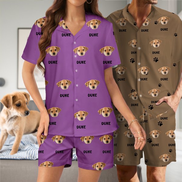 Personalised Dog Cat Face Photo Multicolor Short-sleeve Pajama Matching Shorts with Name Birthday Gift for Women Men Pet Lovers