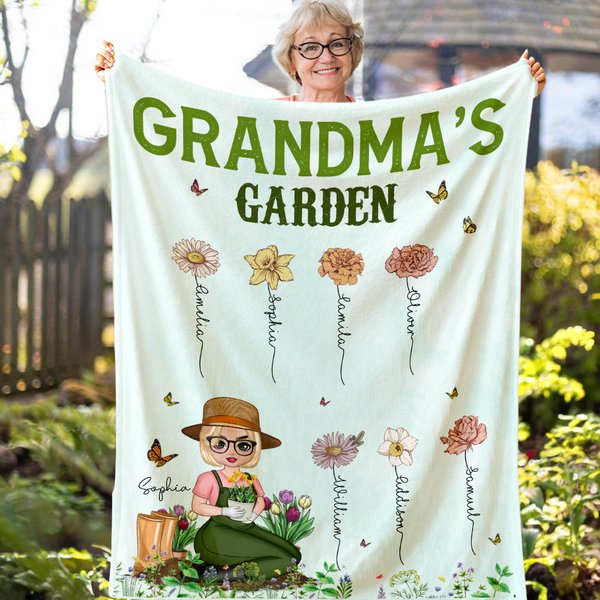 Personalized Multicolor Mom's Garden Cartoon Character Soft Throw Blanket with 1-12 Kid's Names Mother's Day Appreciation Gift for Grandma Mom