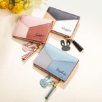 Personalisierte niedlichen Kaninchen Tricolor Patchwork tragbare Name PU Leder Brieftasche mit Reißverschluss und Karteninhaber Geburtstag Geschenk für Frauen Mädchen