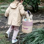 Personalized Embroidery Name Seersucker Canvas Bucket Bag Basket with Handle Easter Egg Hunt Supplies Birthday Party Favors Gift for Kids