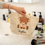 Personalised Highland Cow Cotton Zippered Makeup Bag with Name Portable Travel Accessories Birthday Gift for Women Highland Cow Lovers