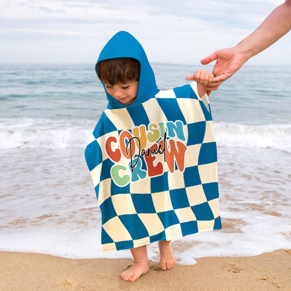 Serviette de plage à capuche personnalisée avec nom Cousin Crew Checkerboard Spiral Ray Soft Quick Dry Kid Essential Birthday Gift for Kids