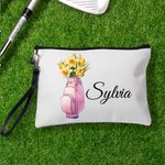 Fiore di nascita personalizzato in borsa da golf Borsa per il trucco portatile con nome e cinturino da polso Accessori da viaggio Regalo di compleanno per le donne amanti del golf