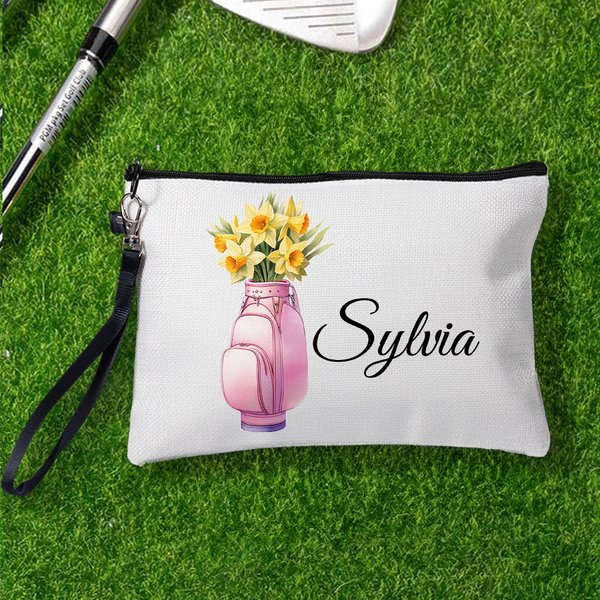 Personalized Birth Flower in Golf Bag Portable Makeup Bag with Name and Wrist Strap Travel Accessories Birthday Gift for Women Golf Lovers