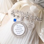 Personalised Bling Rhinestone Pearl Something Blue Engraved Bouquet Charm Pin Brooch with Photo Disc and Heart Charm Wedding Memorial Gift for Bride