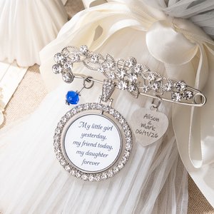 Personalized Bling Rhinestone Pearl Something Blue Engraved Bouquet Charm Pin Brooch with Photo Disc and Heart Charm Wedding Memorial Gift for Bride