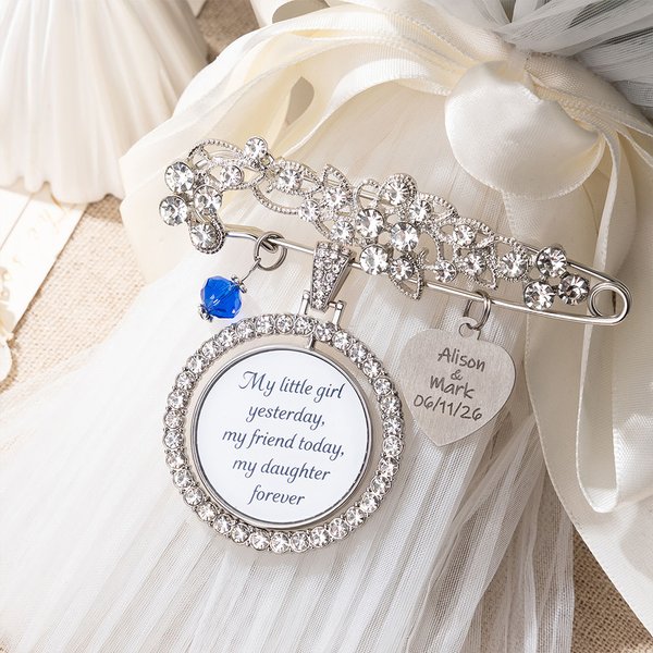 Personalised Bling Rhinestone Pearl Something Blue Engraved Bouquet Charm Pin Brooch with Photo Disc and Heart Charm Wedding Memorial Gift for Bride