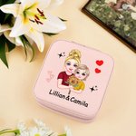 Personalized Cartoon Mom and Daughter Portable Leather Travel Jewelry Box with Names Birthday Mother's Day Gift for Mom Grandma