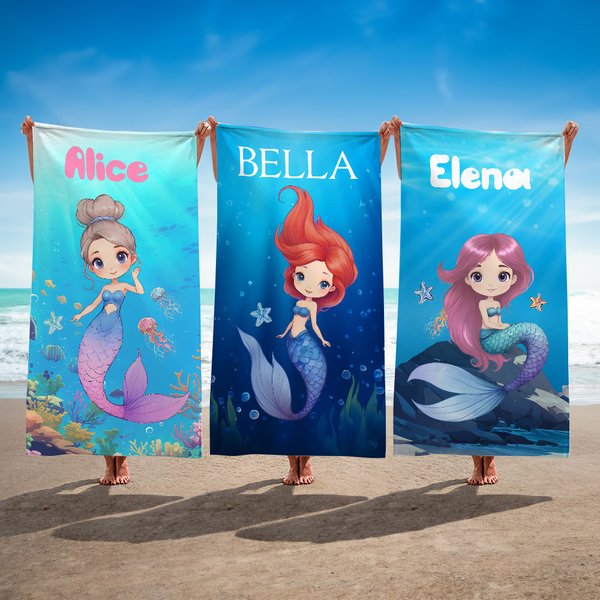 Asciugamano da spiaggia personalizzato Fantasy Mermaid Princess ad asciugatura rapida con nome Accessorio per vacanze estive Festa in piscina Regalo per vacanze estive per ragazze
