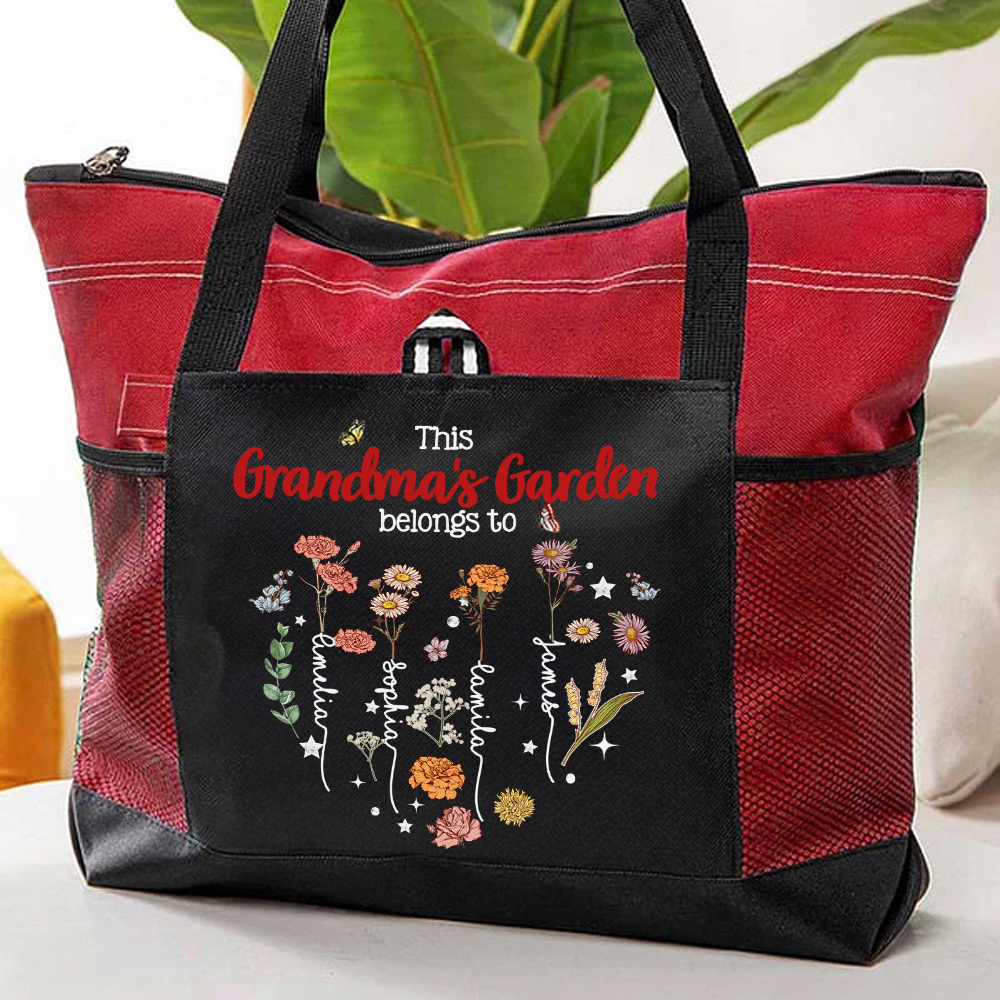 1-12 Noms de naissance Fleurs Grand sac fourre-tout avec poches en filet Anniversaire Fête des mères Cadeau pour Maman Grand-mère
