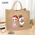 Personalized Christmas Cartoon Character Reusable Name Elk Snowman Jute Bag with Initial Christmas Birthday Gift for Family Friend