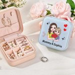 Personalized Cartoon Mom and Daughter Portable Leather Travel Jewelry Box with Names Birthday Mother's Day Gift for Mom Grandma