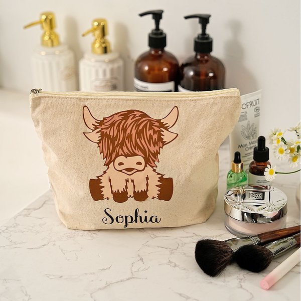 Henkilökohtainen Highland Cow puuvilla vetoketjullinen meikkilaukku nimi Portable Travel tarvikkeet syntymäpäivälahja naisille Highland Cow ystäville