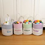 Personalized Embroidery Name Seersucker Canvas Bucket Bag Basket with Handle Easter Egg Hunt Supplies Birthday Party Favors Gift for Kids