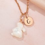 Personalized White Shell Rabbit Necklace with Initial Discs Lucky Rabbit Jewelry Easter Gift for Women Girls