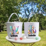 Personalized Cute Rabbit Easter Egg Initial Design Reusable Canvas Basket with Name Party Favor Easter Hunting Birthday Gift for Kids Family
