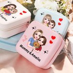 Personalized Cartoon Mom and Daughter Portable Leather Travel Jewelry Box with Names Birthday Mother's Day Gift for Mom Grandma