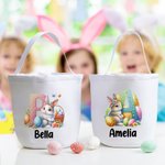 Personalized Cute Rabbit Easter Egg Initial Design Reusable Canvas Basket with Name Party Favor Easter Hunting Birthday Gift for Kids Family