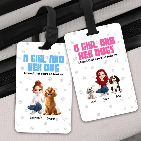Personalizada Una chica y sus perros tienen un vínculo inquebrantable Etiqueta de equipaje en 3D estilo dibujos animados con 1-5 nombres de perros Accesorios de viaje Regalo de cumpleaños para dueños 