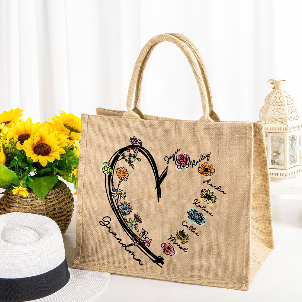 Cœur d'amour personnalisé 1-6 fleurs de naissance Sac réutilisable en toile de jute avec prénom Anniversaire Cadeau de fête des mères pour femmes