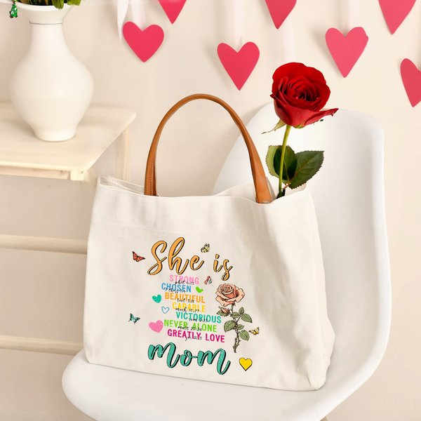 Personalized She Is Strong Birth Flower Butterflies Reusable Canvas Bag with Nickname and Leather Handle Birthday Mother’s Day Gift for Women