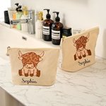 Personalised Highland Cow Cotton Zippered Makeup Bag with Name Portable Travel Accessories Birthday Gift for Women Highland Cow Lovers