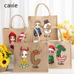 Personalized Christmas Cartoon Character Reusable Name Elk Snowman Jute Bag with Initial Christmas Birthday Gift for Family Friend