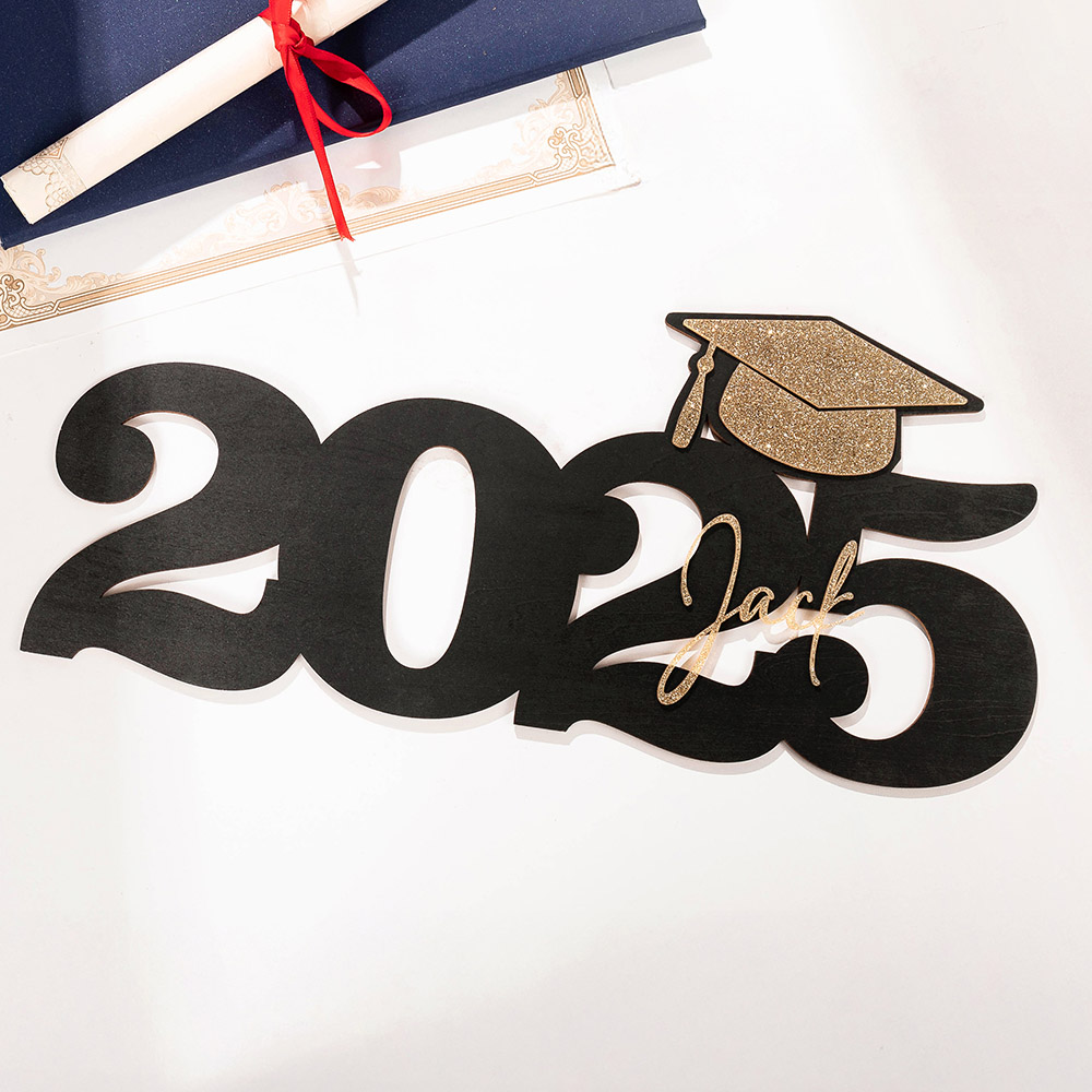 Casquette en bois pailletée personnalisée avec année et nom Photo Prop Classe 2025 Cadeau de fin d'études pour les diplômés