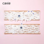 Gepersonaliseerde 2-delige White Lace Trimmings Bruids Kousenband Set met Geboortestenen