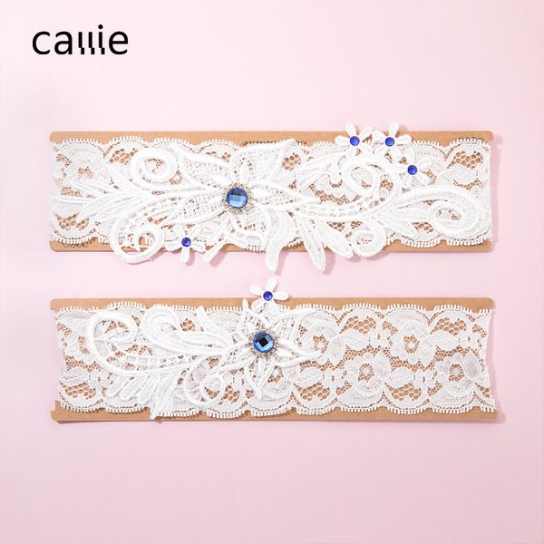 Gepersonaliseerde 2-delige White Lace Trimmings Bruids Kousenband Set met Geboortestenen