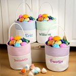 Personalized Embroidery Name Seersucker Canvas Bucket Bag Basket with Handle Easter Egg Hunt Supplies Birthday Party Favors Gift for Kids