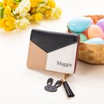 Personalisierte niedlichen Kaninchen Tricolor Patchwork tragbare Name PU Leder Brieftasche mit Reißverschluss und Karteninhaber Geburtstag Geschenk für Frauen Mädchen