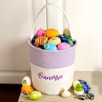 Personalized Embroidery Name Seersucker Canvas Bucket Bag Basket with Handle Easter Egg Hunt Supplies Birthday Party Favors Gift for Kids