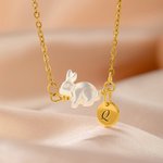 Personalized White Shell Rabbit Necklace with Initial Discs Lucky Rabbit Jewelry Easter Gift for Women Girls