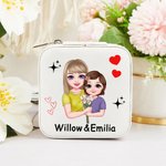 Personalized Cartoon Mom and Daughter Portable Leather Travel Jewelry Box with Names Birthday Mother's Day Gift for Mom Grandma