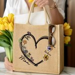 Personalisierte Liebe Herz 1-6 Geburtsblumen wiederverwendbare Jute Tragetasche mit Spitznamen Tote Bag Geburtstag Muttertag Geschenk für Damen