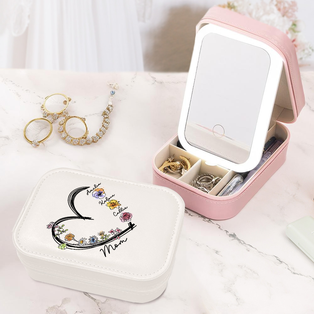 Boîte à bijoux de voyage en cuir avec miroir de maquillage LED réglable Cadeau d'anniversaire de fête des mères Cadeau de mariage pour femmes