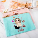 Bolso de maquillaje de lienzo personalizada con dibujo de chica lápiz labial y nombre regalo de cumpleaños portátil para mujeres y damas de honor