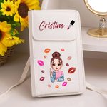 Bolso de cuero PU personalizado cruzado con compartimentos para teléfono y chica con lápiz labial y nombre regalo de cumpleaños o para mujeres