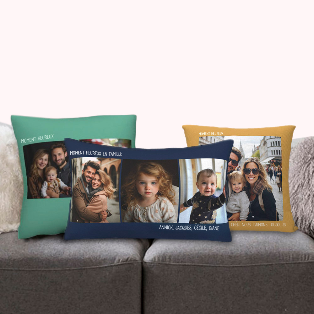 Taie d'Oreiller Personnalisée avec 1 à 3 Photos et Textes Cadeau Anniversaire Pendaison de Crémaillère pour Couples Familles