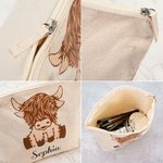 Personalised Highland Cow Cotton Zippered Makeup Bag with Name Portable Travel Accessories Birthday Gift for Women Highland Cow Lovers