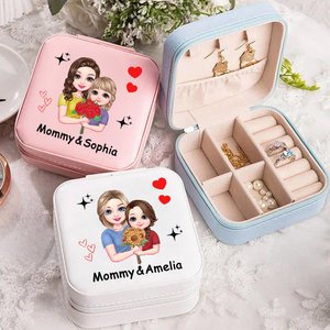 Personalised Cartoon Mom and Daughter Portable Leather Travel Jewelry Box with Names Birthday Mother's Day Gift for Mom Grandma