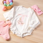 Personalised Cute Bunny 1st Easter 100% Cotton Long Sleeve Baby Bodysuit Matching Headband and Socks with Name Easter Party Birthday Gift for Newborns
