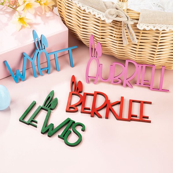 Personalised Colorful Bunny Ears Wooden Easter Name Tag Easter Basket Decoration Birthday Holiday Party Gift for Kids