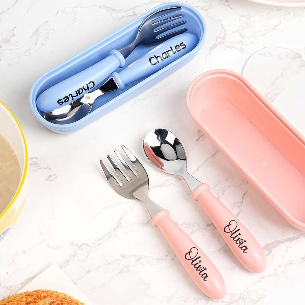 Set de Couverts en Acier Inoxydable Personnalisé avec Nom Cuillère et Fourchette Qualité Alimentaire avec Boîte Cadeau Anniversaire pour Enfant