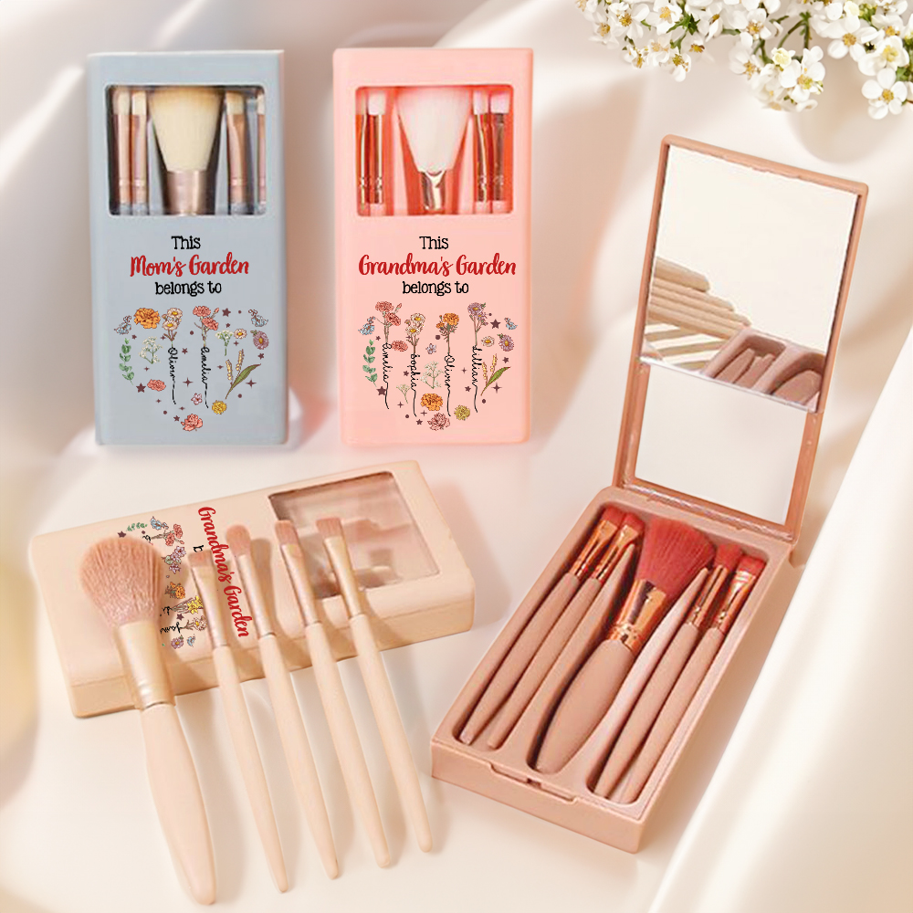 Boîte à pinceaux de maquillage avec 5 pinceaux et miroir Accessoires de voyage Cadeau de fête des mères pour maman grand-mère