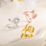 Personalized Minimalist Birth Flower Ring with Name Dainty Jewelry Mother's Day Birthday Gift for Women Girls