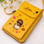 Gepersonaliseerde PU Leren Telefoon Schoudertas met Kusmond Cartoon Mode Meisje en Naam Crossbody Tas Portemonnee Verjaardag Cadeau voor Vrouwen