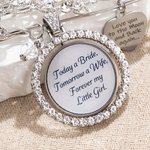 Personalised Bling Rhinestone Pearl Something Blue Engraved Bouquet Charm Pin Brooch with Photo Disc and Heart Charm Wedding Memorial Gift for Bride